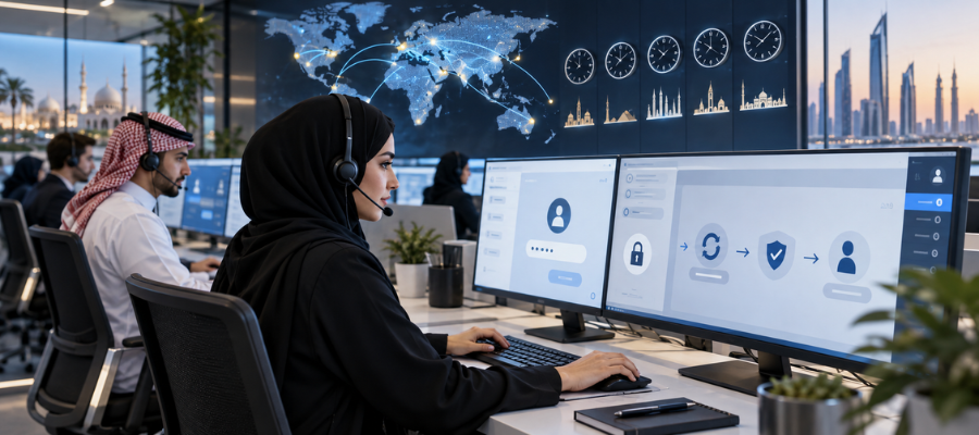 Arabic-Language IT Helpdesk Handling Login and Account Issues Across Time Zones